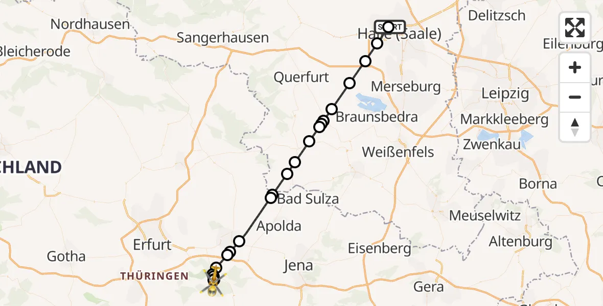 Flugroute Ambulanzhubschrauber Halle (Saale) University Hospital - Bad Berka Central Hospital, 18 Juni 2026, 00:07