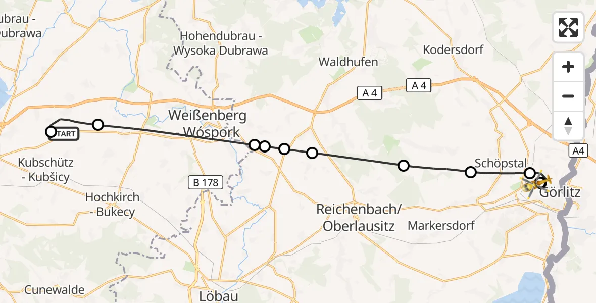 Flugroute Rettungshubschrauber Bautzen Flugplatz - Görlitz Hospital, 18 Juni 2026, 00:31