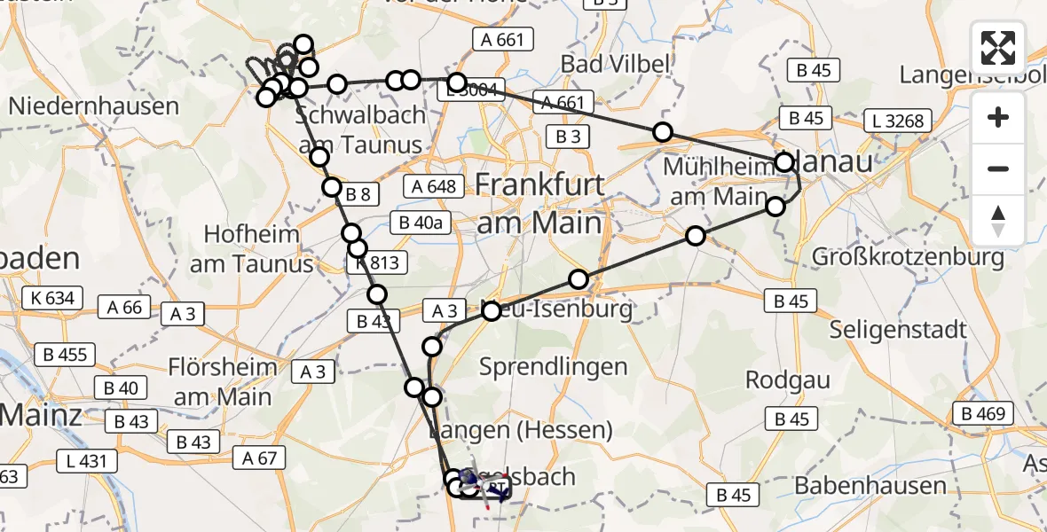 Flugroute Polizeihubschrauber Flughafen Frankfurt-Egelsbach - Flughafen Frankfurt-Egelsbach, 18 Juni 2026, 00:43