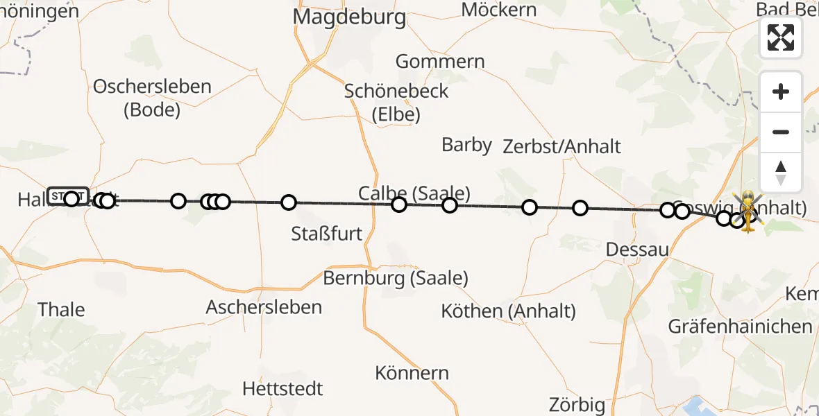 Flugroute Rettungshubschrauber AMEOS Hospital Sankt Salvator Halberstadt - MediClin Heart Center Coswig Hubschrauberlandeplatz, 18 Juni 2026, 01:09