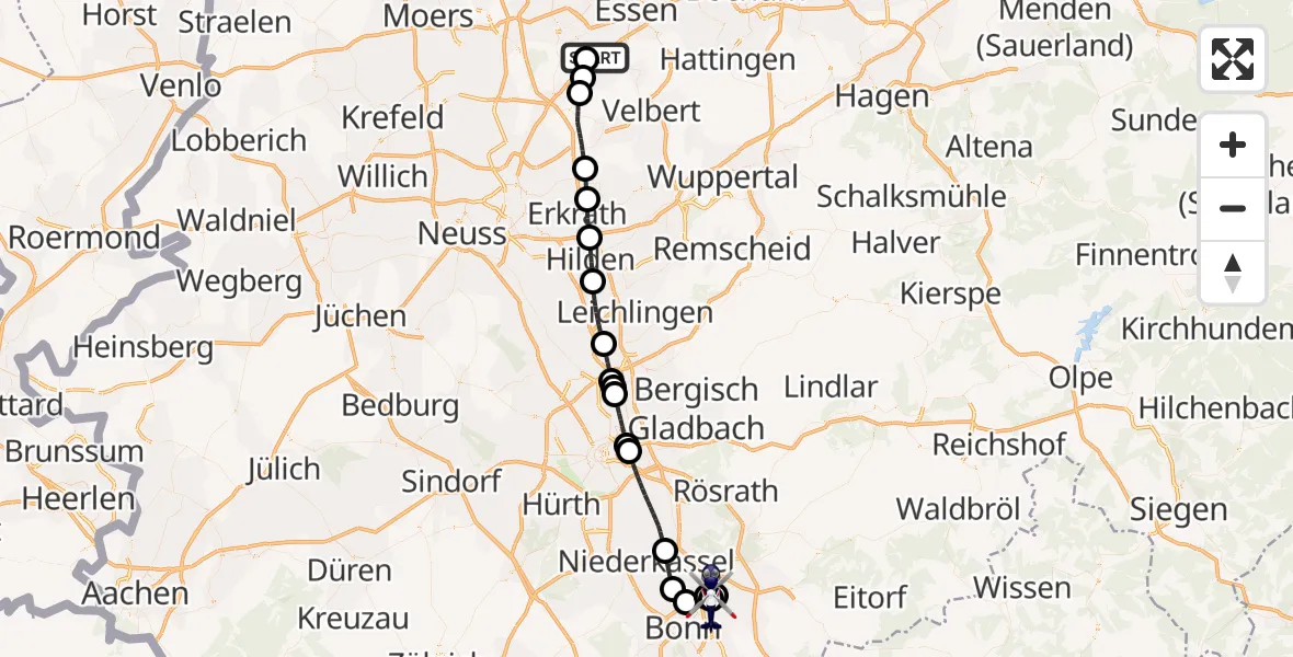 Flugroute Polizeihubschrauber Essen-Mülheim Flughafen - Sankt Augustin, 18 Juni 2026, 02:04