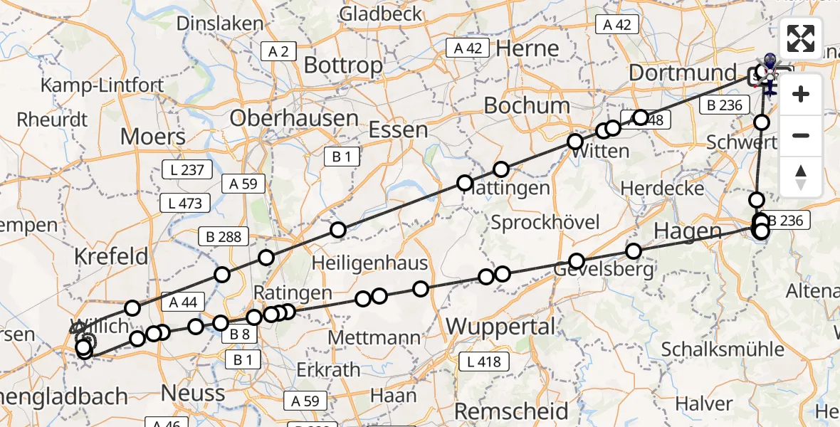 Flugroute Polizeihubschrauber Dortmund Flughafen - Dortmund Flughafen, 18 Juni 2026, 02:14