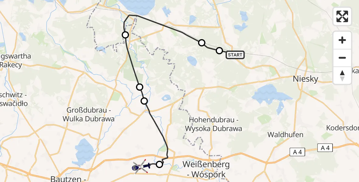 Flugroute Polizeihubschrauber Mücka - Kubschütz, 18 Juni 2026, 03:36