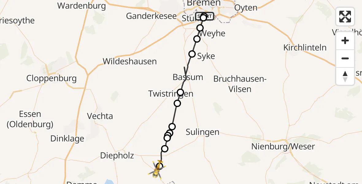 Flugroute Rettungshubschrauber ADAC Air Rescue Station Bremen Hubschrauberlandeplatz (Christoph 6) - Wagenfeld, 18 Juni 2026, 05:05