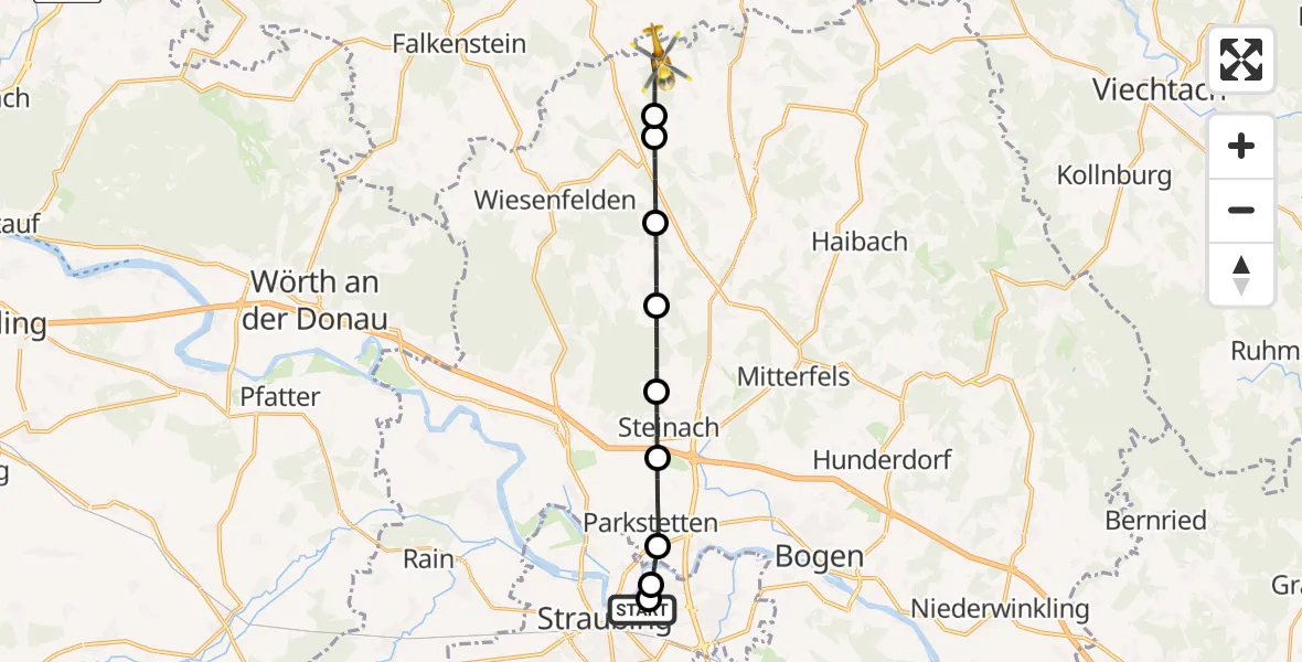 Flugroute Rettungshubschrauber Sankt Elisabeth Hospital Straubing - Wiesenfelden, 18 Juni 2026, 05:07
