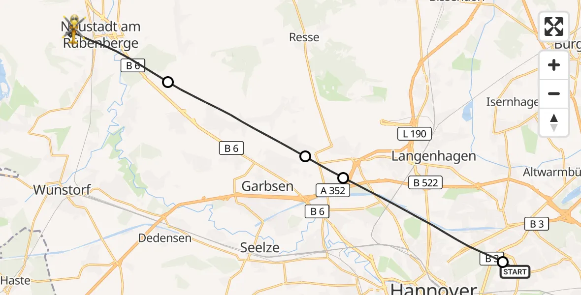 Flugroute Rettungshubschrauber Hannover Luftrettung Hubschrauberlandeplatz (Christoph 4) - Neustadt am Rübenberge, 18 Juni 2026, 05:11
