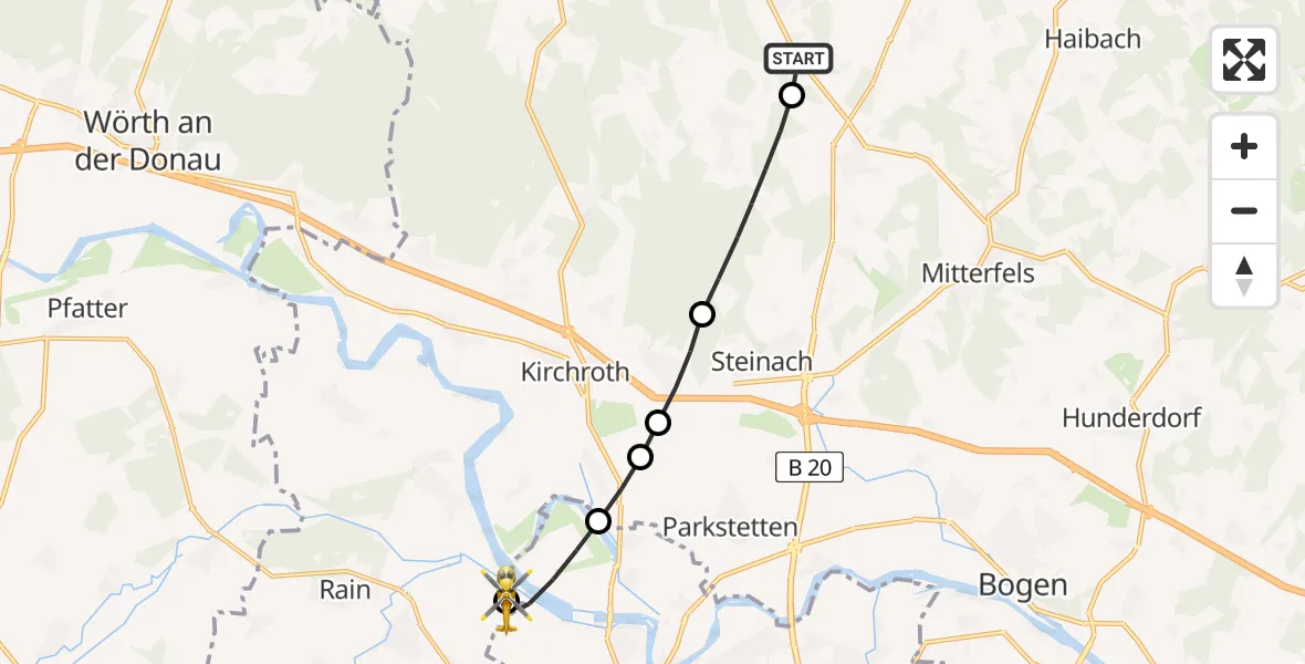 Flugroute Rettungshubschrauber Rattiszell - Straubing Flughafen, 18 Juni 2026, 05:35