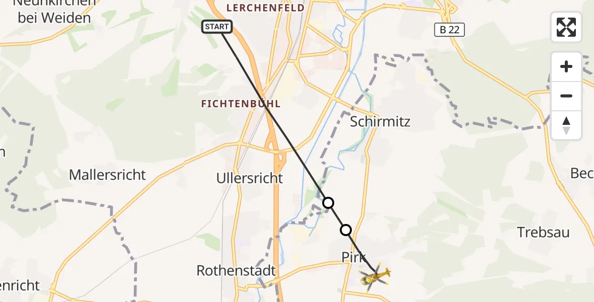 Flugroute Rettungshubschrauber Weiden i.d.OPf. - Pirk, 18 Juni 2026, 05:41