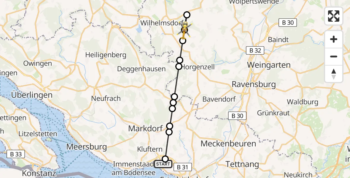 Flugroute Rettungshubschrauber Friedrichshafen Hospital - Wilhelmsdorf, 18 Juni 2026, 05:48