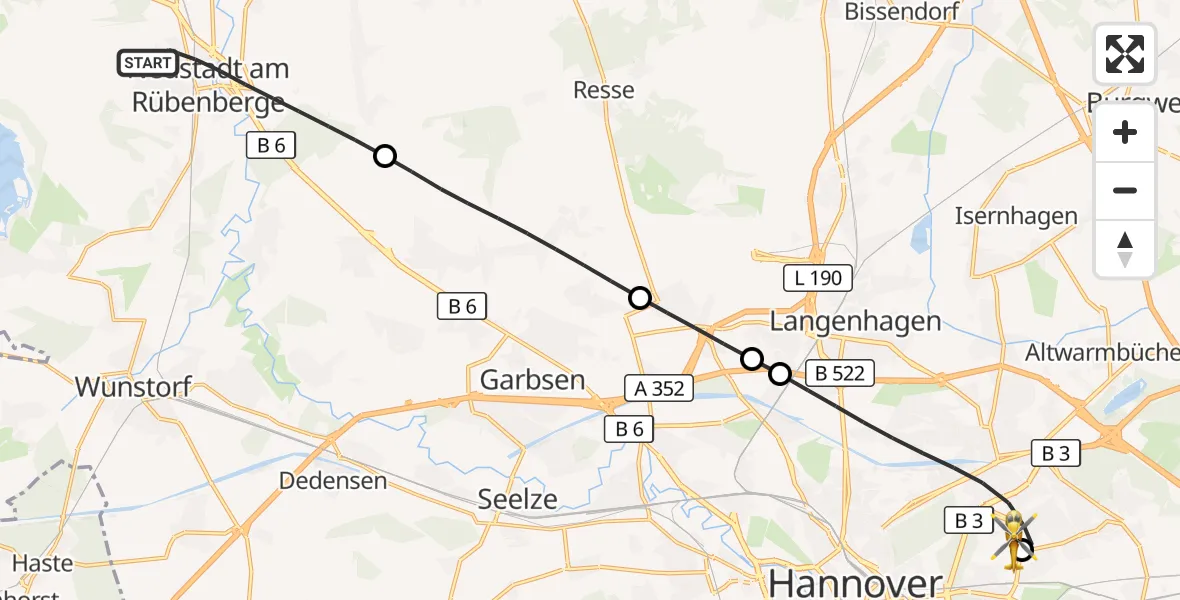 Flugroute Rettungshubschrauber Neustadt am Rübenberge - Hannover Luftrettung Hubschrauberlandeplatz (Christoph 4), 18 Juni 2026, 05:56