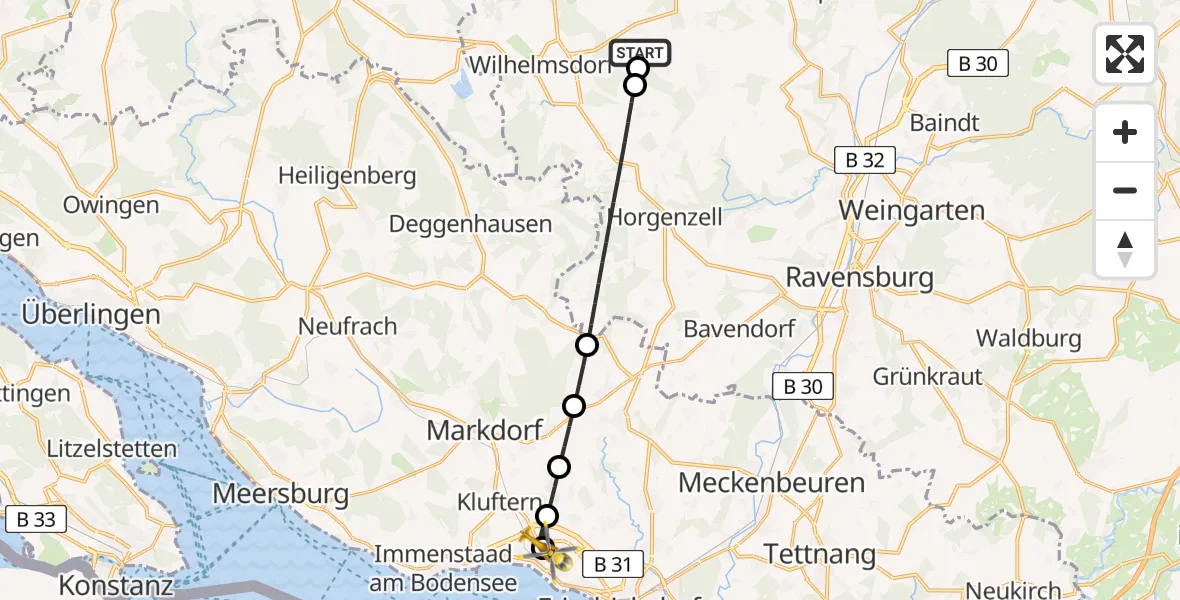 Flugroute Rettungshubschrauber Fleischwangen - Friedrichshafen Hospital, 18 Juni 2026, 06:10