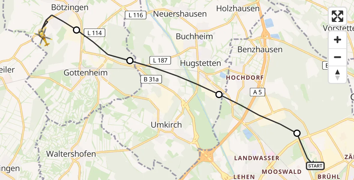 Flugroute Ambulanzhubschrauber Freiburg im Breisgau Flugplatz - Bötzingen, 18 Juni 2026, 06:17