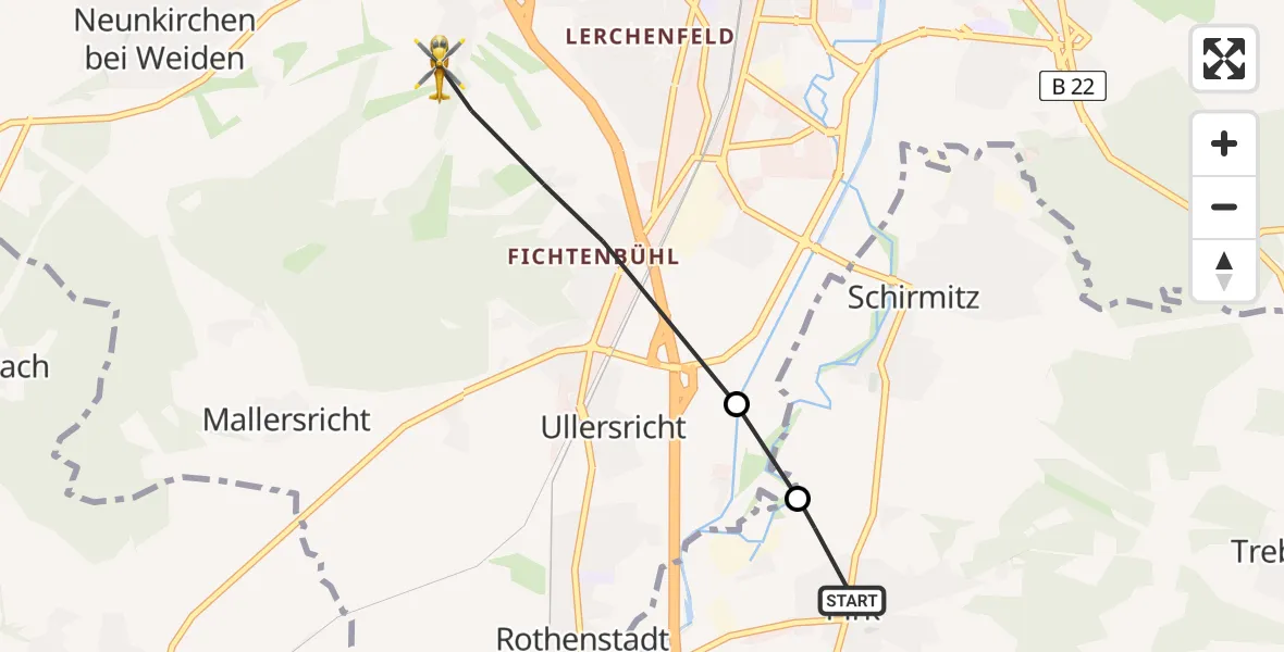 Flugroute Rettungshubschrauber Pirk - Weiden i.d.OPf., 18 Juni 2026, 06:17