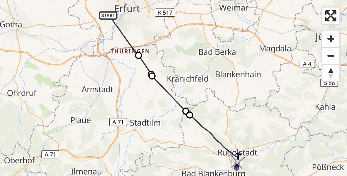 Flugroute Polizeihubschrauber Erfurt - Rudolstadt, 18 Juni 2026, 06:42