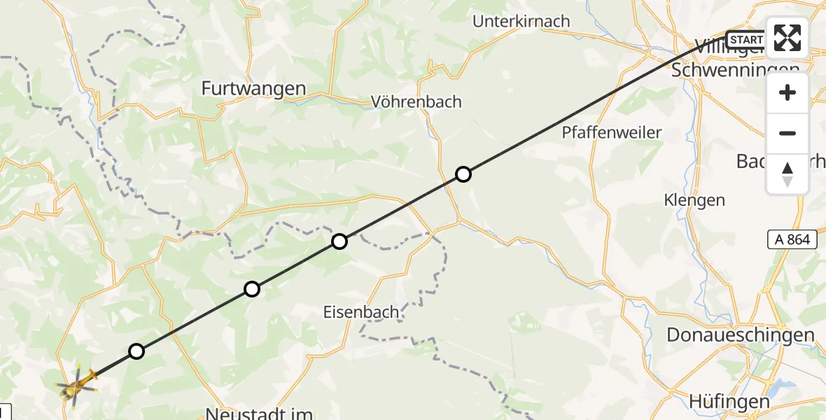 Flugroute Ambulanzhubschrauber Villingen-Schwenningen - Breitnau, 18 Juni 2026, 06:45