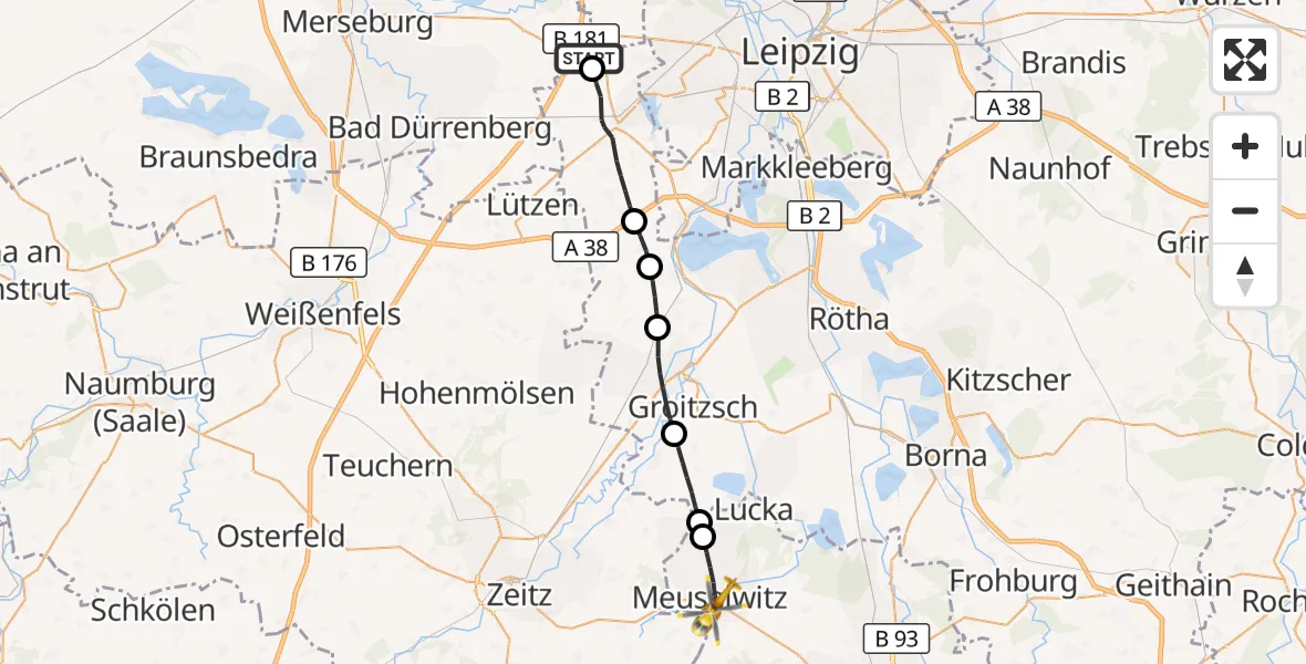 Flugroute Rettungshubschrauber Schkeuditz - Meuselwitz, 18 Juni 2026, 06:56