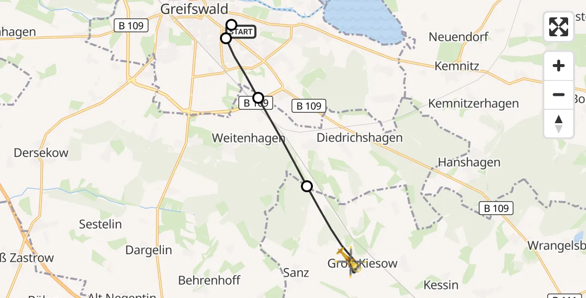 Flugroute Rettungshubschrauber Greifswald Hospital - Groß Kiesow, 18 Juni 2026, 06:57