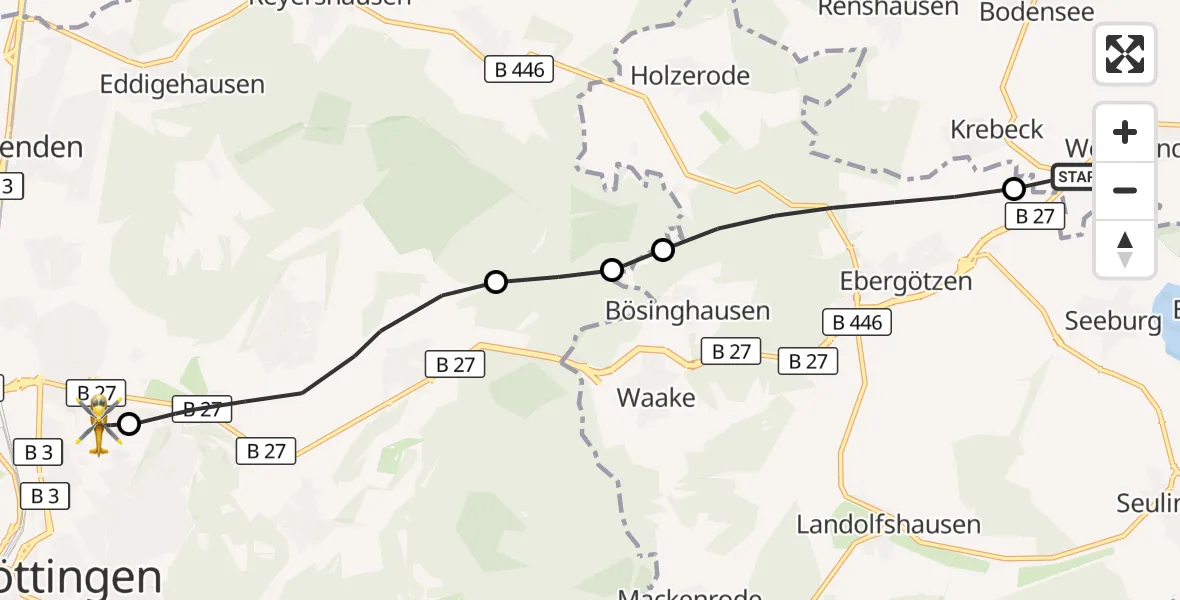 Flugroute Rettungshubschrauber Krebeck - Göttingen University Clinic Hubschrauberlandeplatz, 18 Juni 2026, 06:59