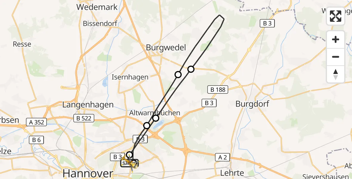 Flugroute Rettungshubschrauber Hannover Luftrettung Hubschrauberlandeplatz (Christoph 4) - Hannover Luftrettung Hubschrauberlandeplatz (Christoph 4), 18 Juni 2026, 07:00