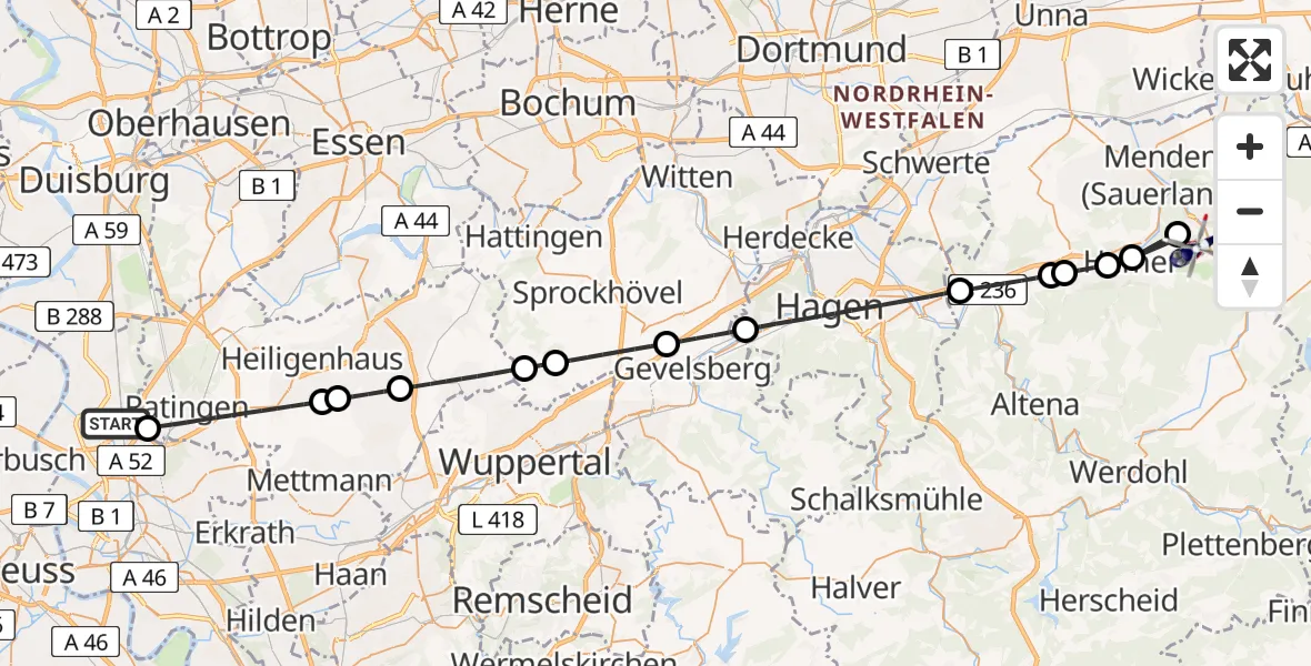 Flugroute Polizeihubschrauber Düsseldorf Flughafen - Hemer, 18 Juni 2026, 07:05