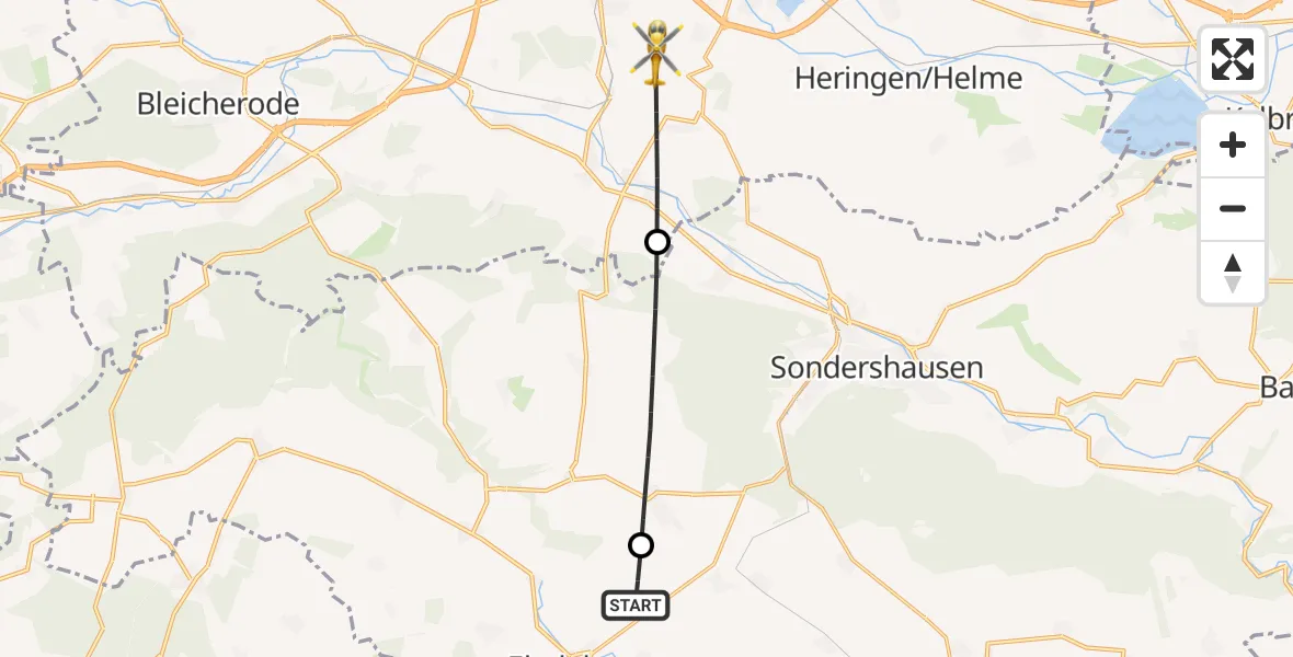 Flugroute Rettungshubschrauber Ebeleben - Werther, 18 Juni 2026, 07:05