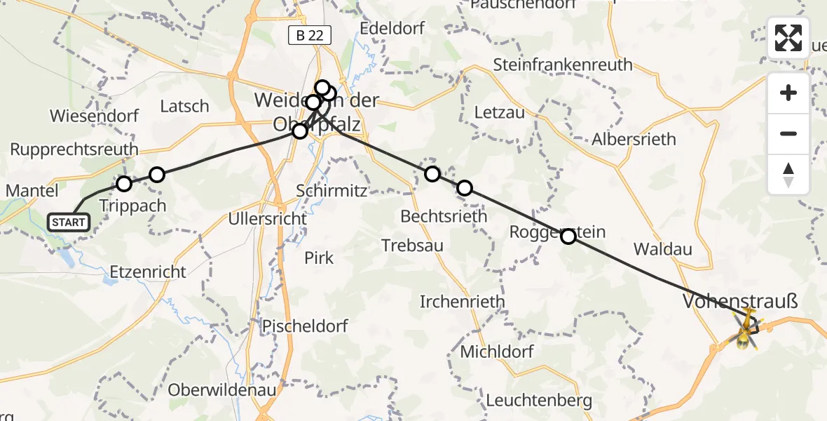 Flugroute Rettungshubschrauber Mantel - Vohenstrauß, 18 Juni 2026, 07:07