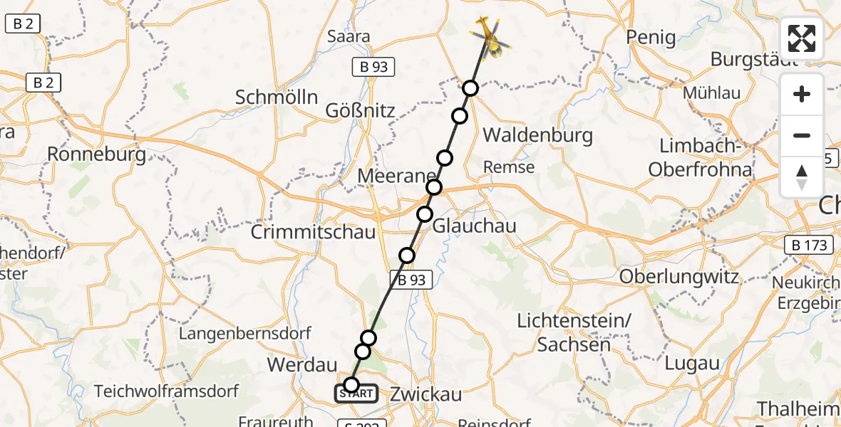 Flugroute Rettungshubschrauber ADAC Air Rescue Station Zwickau Hubschrauberlandeplatz - Nobitz, 18 Juni 2026, 07:11