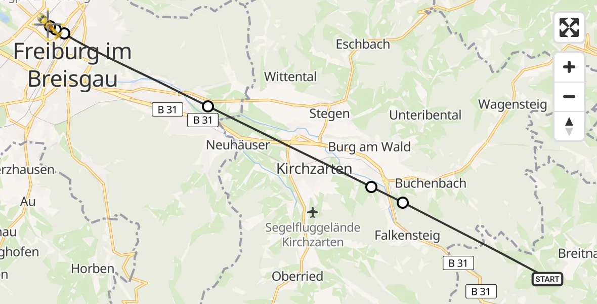 Flugroute Ambulanzhubschrauber Breitnau - Freiburg University Hospital Heliport 1, 18 Juni 2026, 07:14