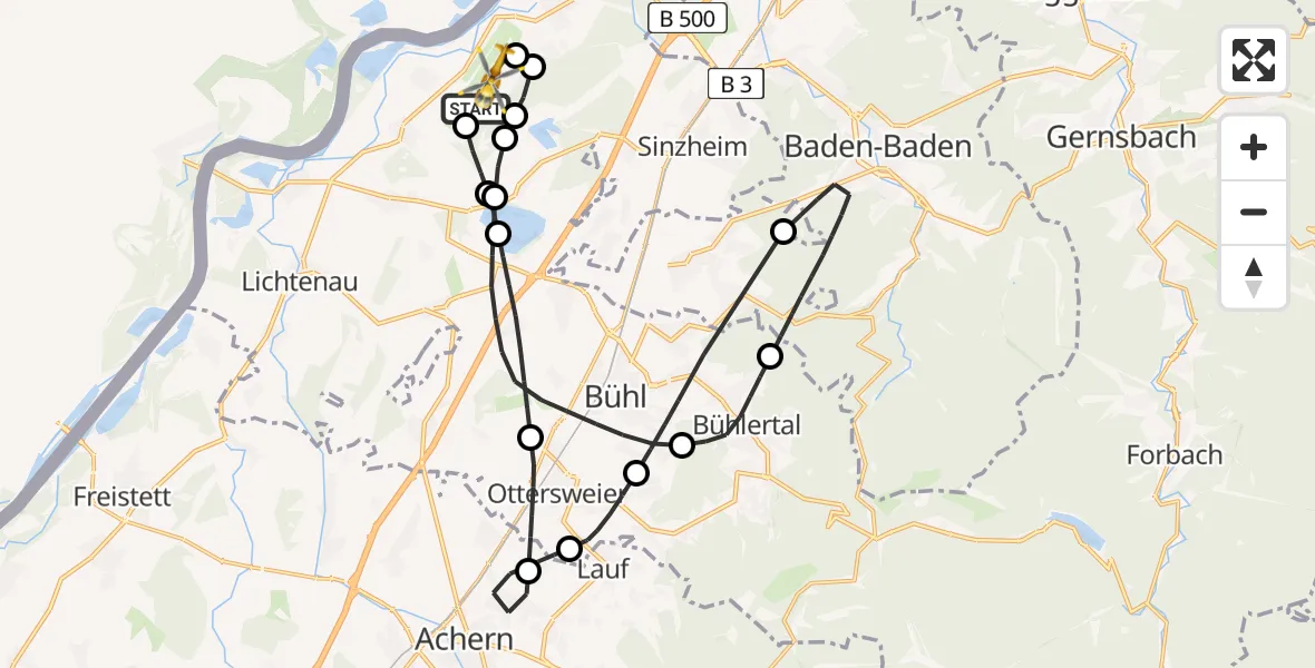 Flugroute Rettungshubschrauber Karlsruhe Baden-Baden Flughafen - Karlsruhe Baden-Baden Flughafen, 18 Juni 2026, 07:25
