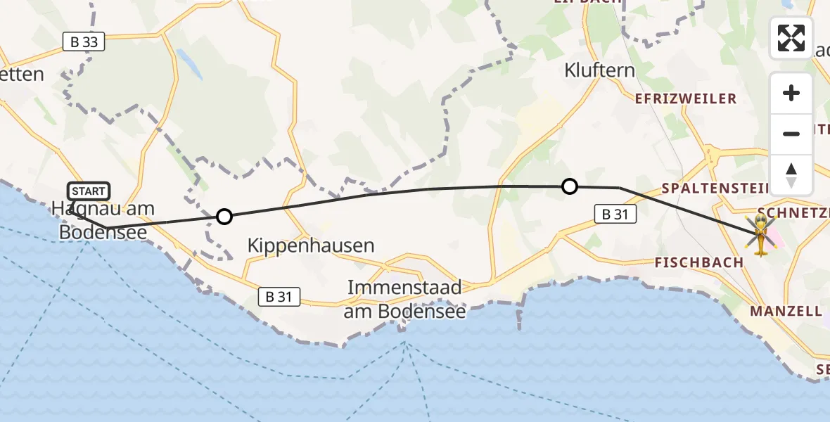 Flugroute Rettungshubschrauber Hagnau am Bodensee - Friedrichshafen Hospital, 18 Juni 2026, 07:31