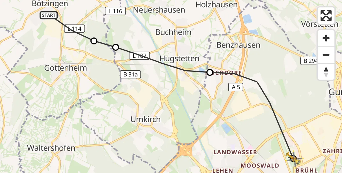 Flugroute Ambulanzhubschrauber Bötzingen - Freiburg im Breisgau Flugplatz, 18 Juni 2026, 07:32