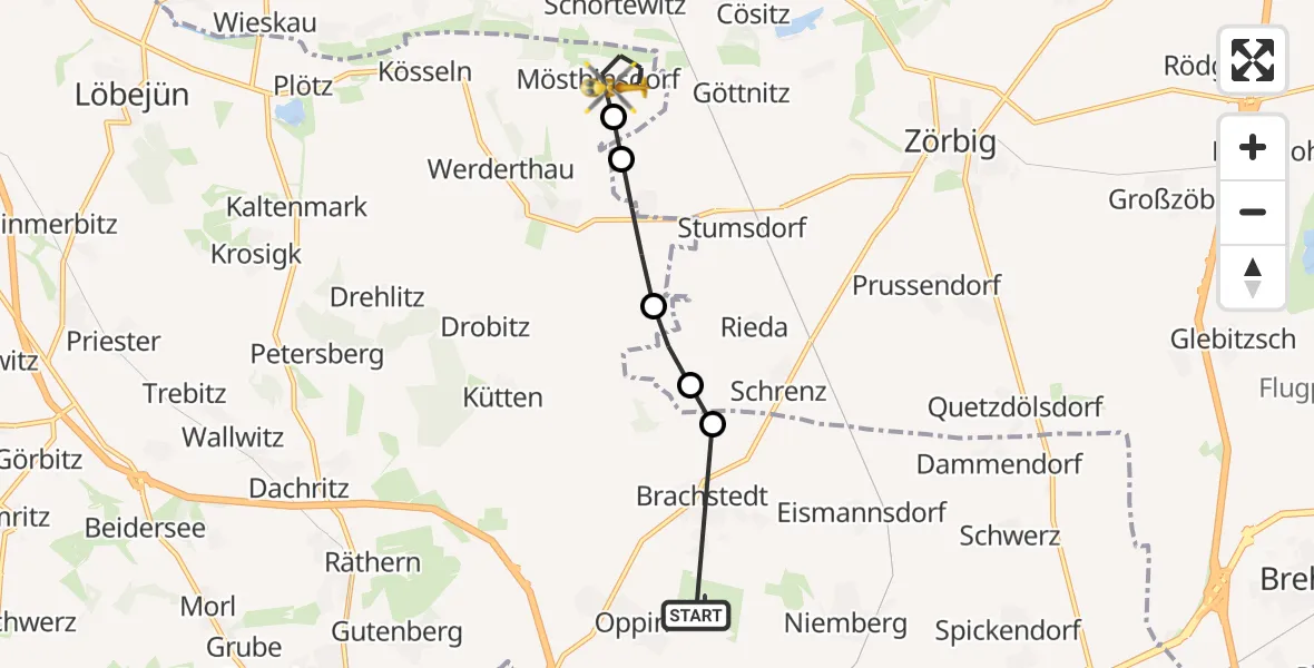 Flugroute Rettungshubschrauber Halle-Oppin Flugplatz - Petersberg, 18 Juni 2026, 07:34