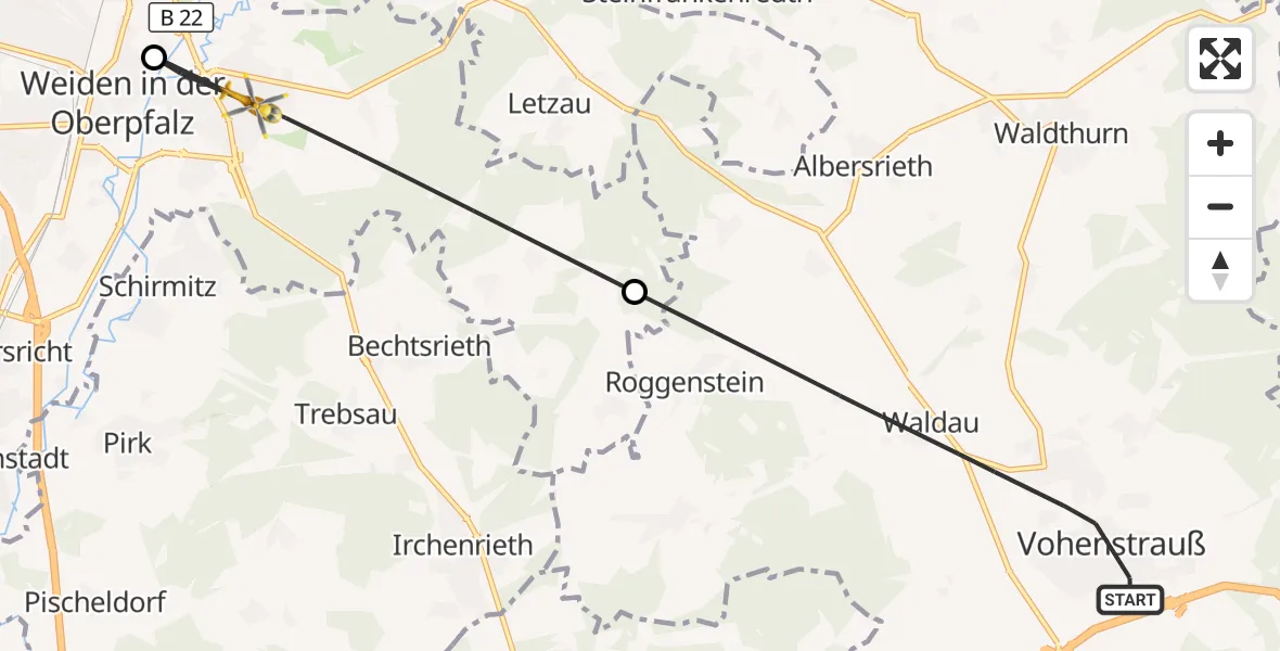 Flugroute Rettungshubschrauber Vohenstrauß - Weiden i.d.OPf., 18 Juni 2026, 07:39