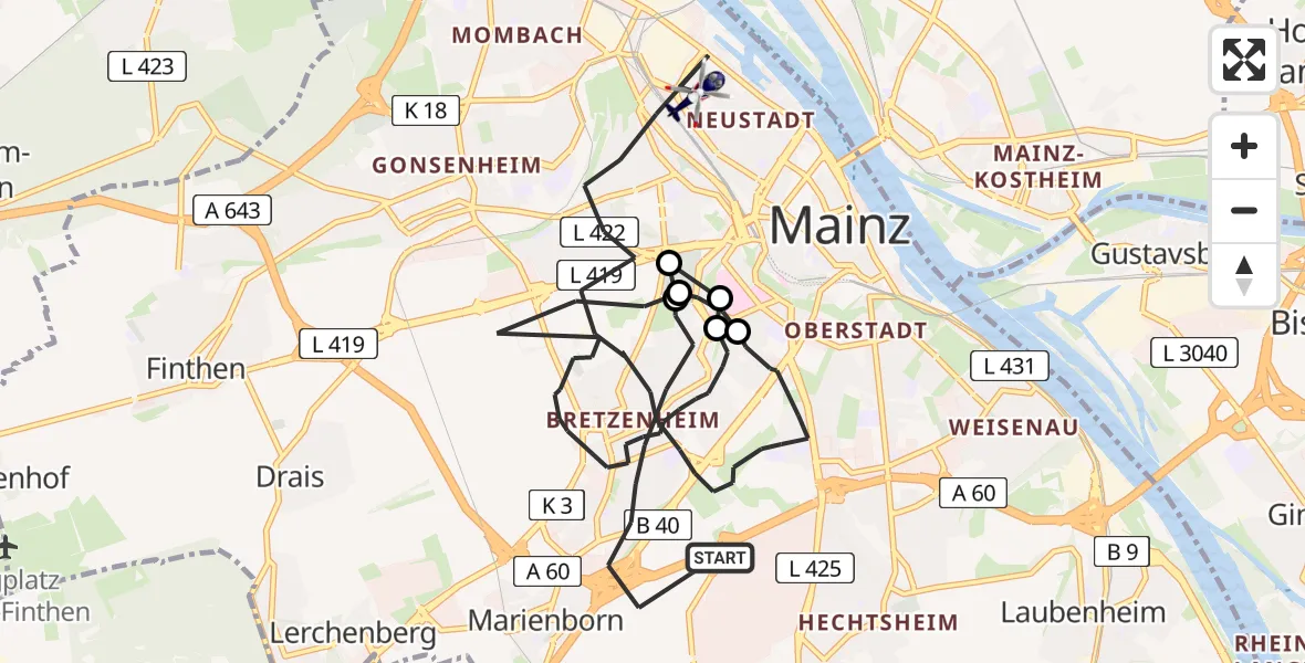 Flugroute Polizeihubschrauber Mainz - Mainz, 18 Juni 2026, 07:40