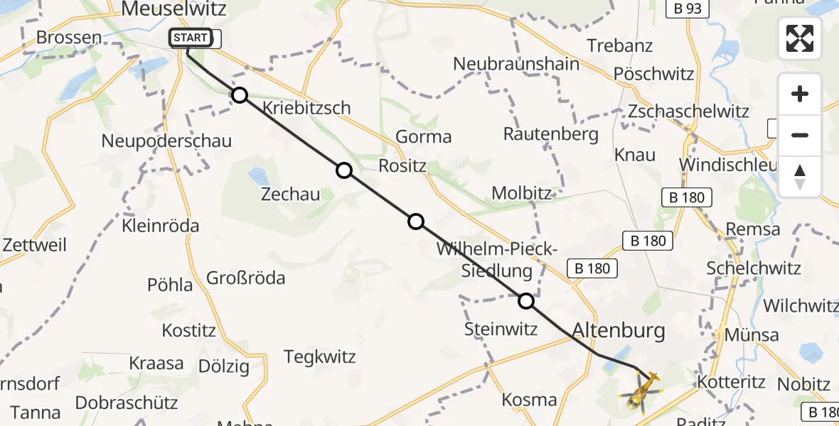 Flugroute Rettungshubschrauber Meuselwitz - Altenburg, 18 Juni 2026, 07:43
