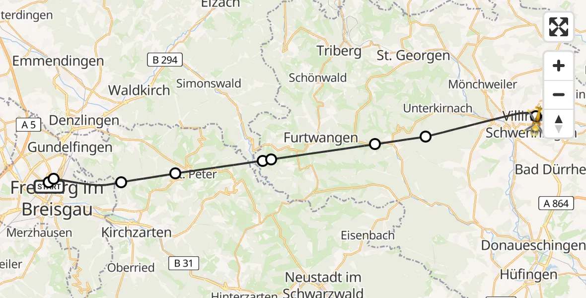 Flugroute Ambulanzhubschrauber Freiburg University Hospital Heliport 1 - DRF Air Rescue Station Villingen-Schwenningen Hubschrauberlandeplatz (Christoph 11), 18 Juni 2026, 07:49