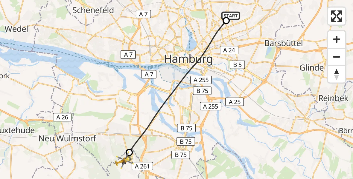Flugroute Rettungshubschrauber Hamburg Military Hospital - Rosengarten, 18 Juni 2026, 07:50
