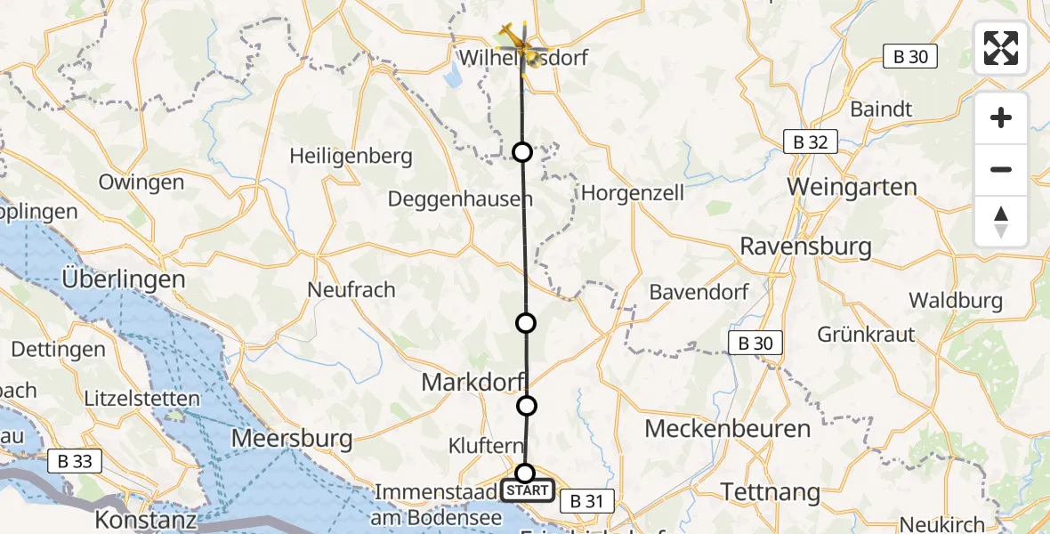 Flugroute Rettungshubschrauber Friedrichshafen Hospital - Wilhelmsdorf, 18 Juni 2026, 07:52