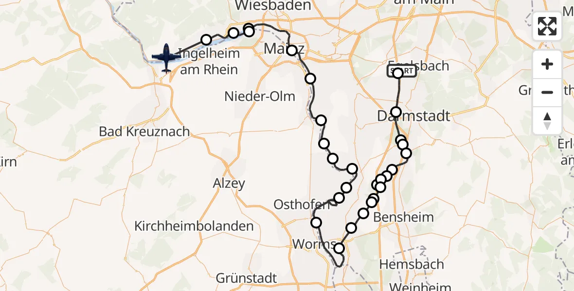 Flugroute Polizeiflugzeug Erzhausen - Rüdesheim am Rhein, 18 Juni 2026, 07:53