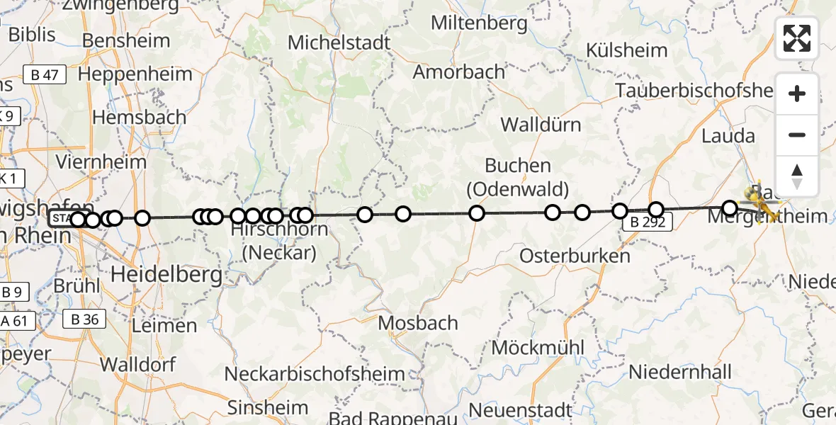 Flugroute Rettungshubschrauber Mannheim-City Flughafen - Bad Mergentheim, 18 Juni 2026, 07:54
