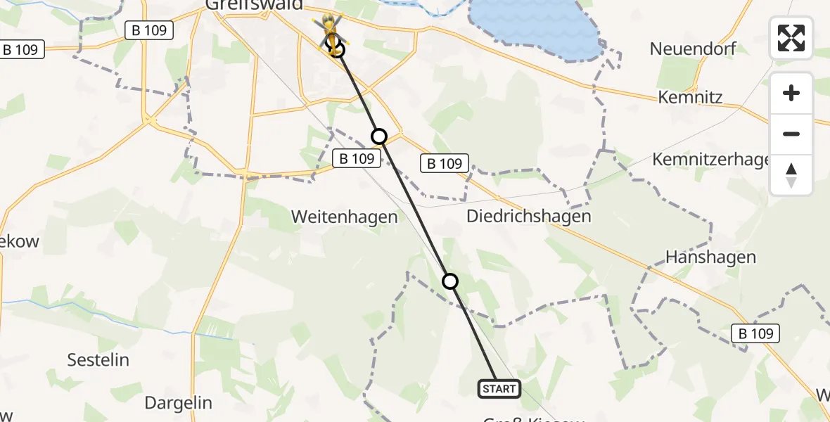 Flugroute Rettungshubschrauber Groß Kiesow - Greifswald Hospital, 18 Juni 2026, 07:56