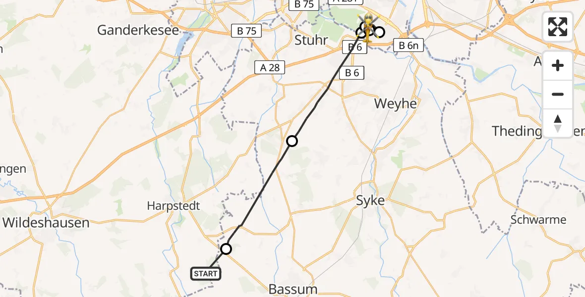 Flugroute Rettungshubschrauber Beckeln - ADAC Air Rescue Station Bremen Hubschrauberlandeplatz (Christoph 6), 18 Juni 2026, 07:59