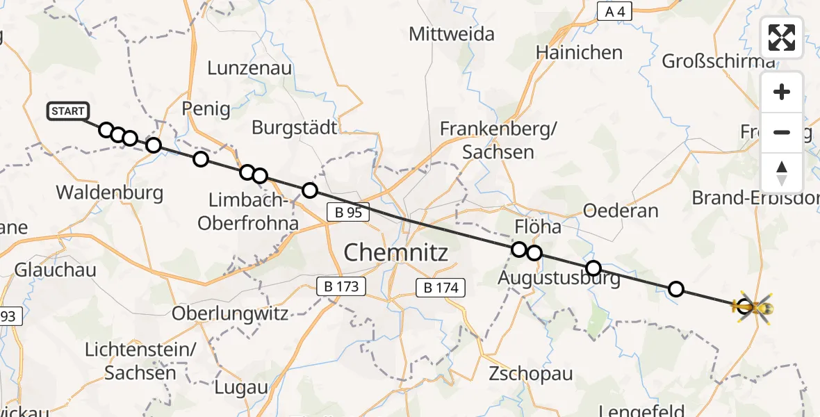 Flugroute Rettungshubschrauber Nobitz - Großhartmannsdorf, 18 Juni 2026, 08:01