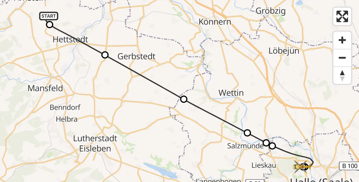 Flugroute Rettungshubschrauber Arnstein - Halle (Saale) University Hospital, 18 Juni 2026, 08:08