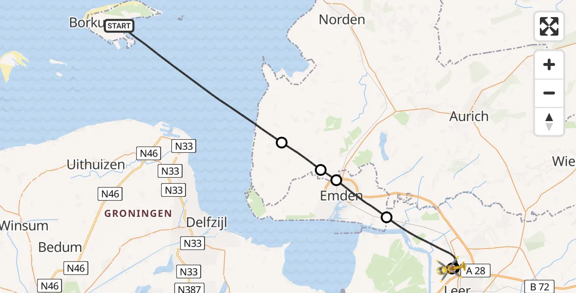 Flugroute Ambulanzhubschrauber Noordzee - Flugplatz Leer-Papenburg, 18 Juni 2026, 08:10