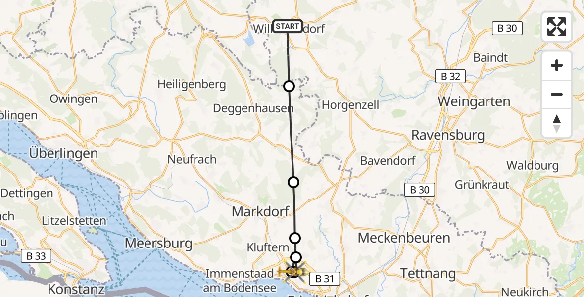 Flugroute Rettungshubschrauber Wilhelmsdorf - Friedrichshafen Hospital, 18 Juni 2026, 08:12