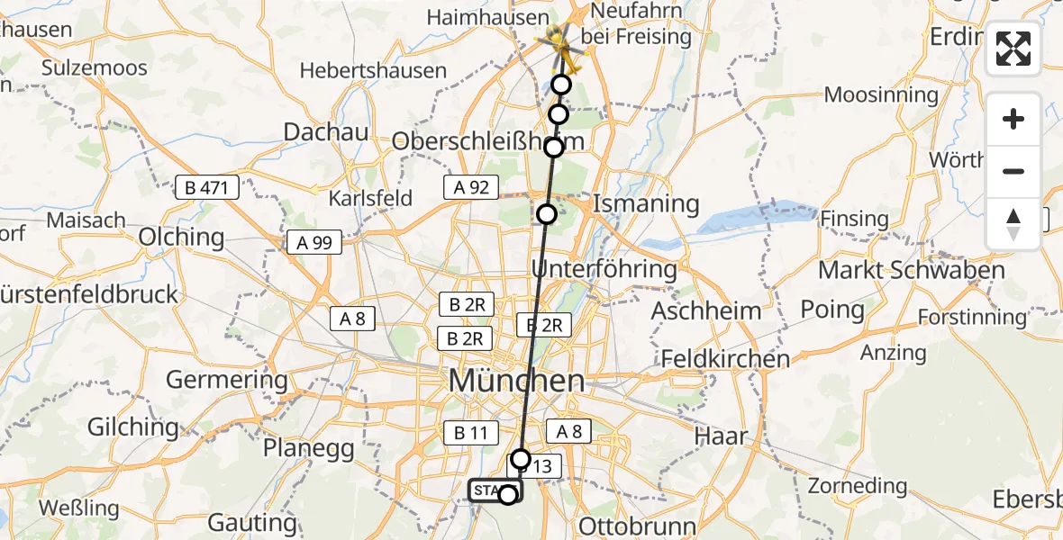 Flugroute Rettungshubschrauber ADAC Air Rescue Center Hubschrauberlandeplatz (Christoph 1) - Eching, 18 Juni 2026, 08:12