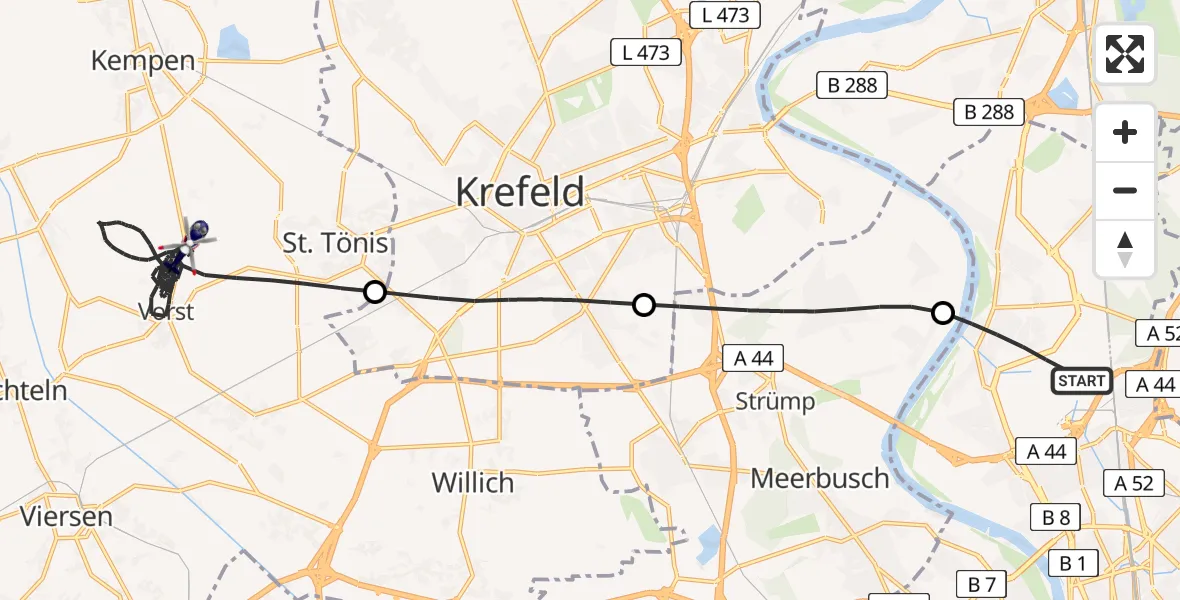 Flugroute Polizeihubschrauber Düsseldorf Flughafen - Tönisvorst, 18 Juni 2026, 08:17