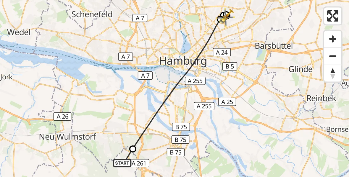 Flugroute Rettungshubschrauber Rosengarten - Hamburg Military Hospital, 18 Juni 2026, 08:19