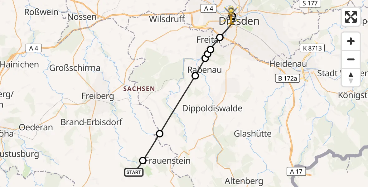 Flugroute Rettungshubschrauber Mulda/Sa. - Dresden Friedrichstadt Hospital, 18 Juni 2026, 08:19